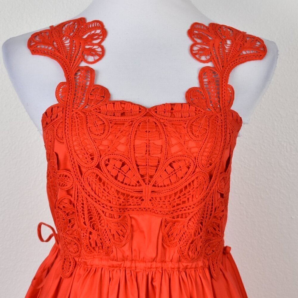 Self-Portrait Red Macrame Lace Organic Cotton Mini Dress Red - 0 - Picture 2 of 11